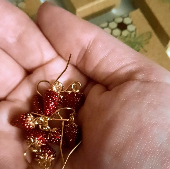 Handmade Red and Gold Strawberry Earrings - Picture 3 of 3